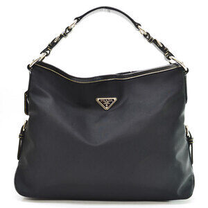 Prada bag triangle logo black silver leather metal shoulder